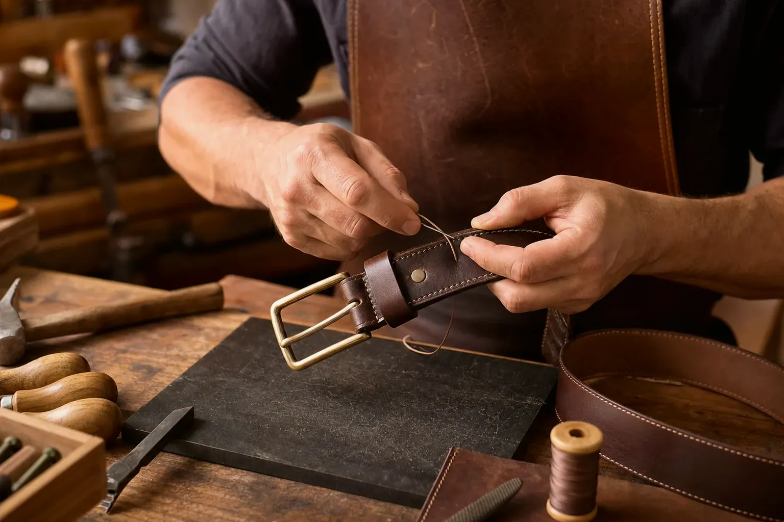Sapateiro efetuando reparo em cinto de couro em Santos.